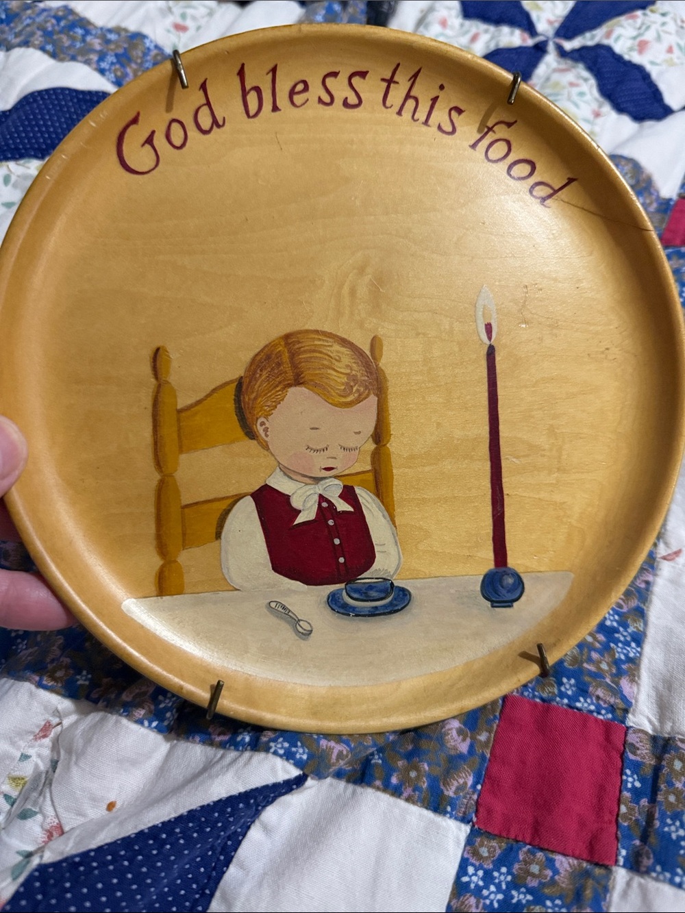 God Bless this food Vintage wooden plate wall plaque hand painted